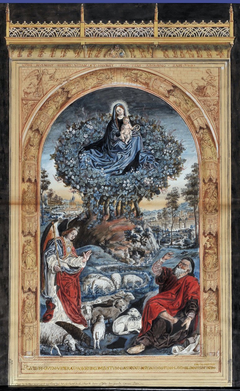 Copia de la Zarza Ardiente. Moisés en el Monte Sinaí se quita los zapatos. A su alrededor, un ángel, la Virgen y Cristo y un rebaño de ovejas. Dibujo anónimo. Medidas: 84x54cm. Museo Granet, Aix en Provence. de Nicolas (after) Froment