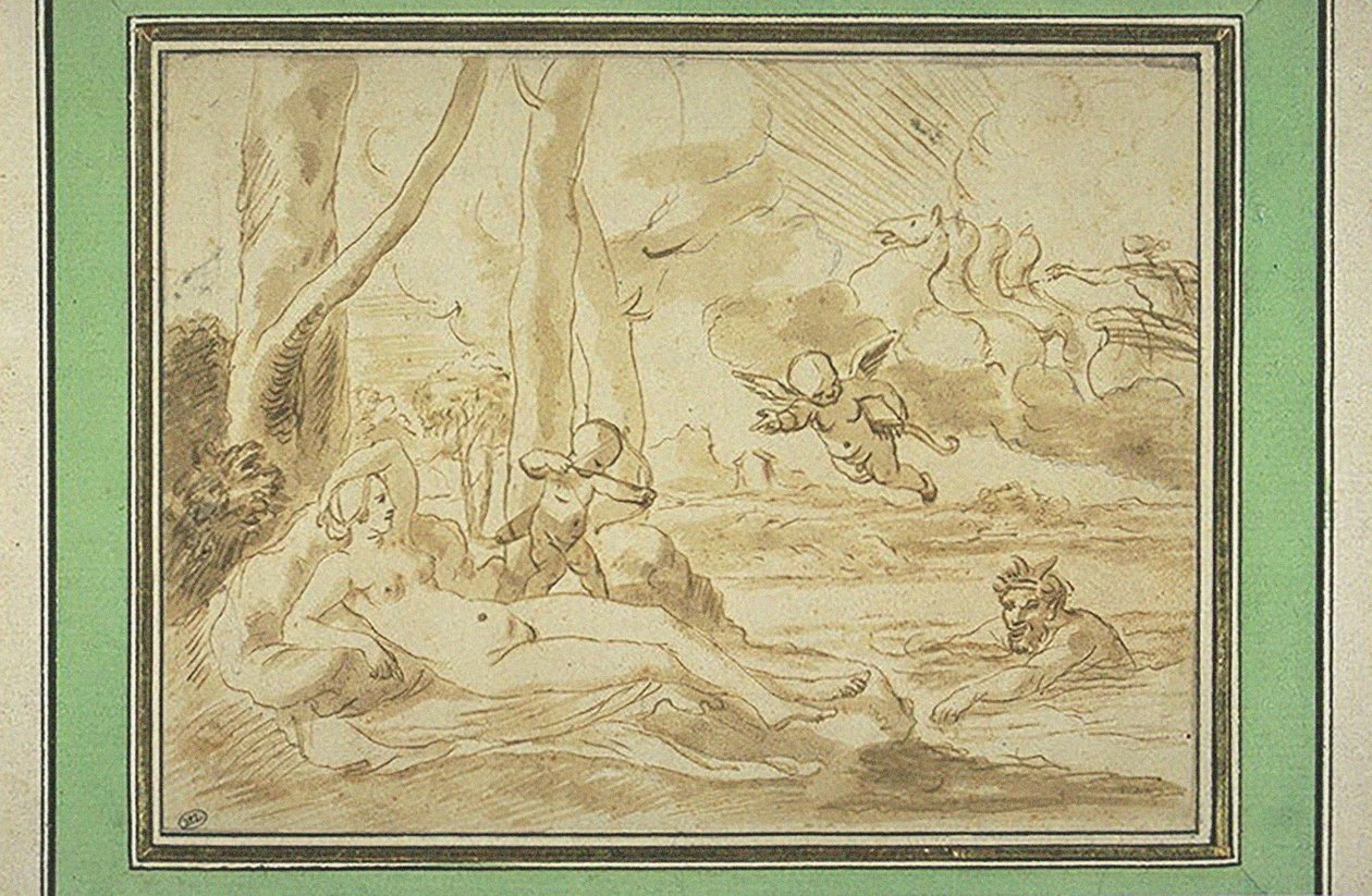 Júpiter y Antíope (pluma y tinta marrón, aguada marrón, trazos de piedra negra) de Nicolas (attr.to) Poussin