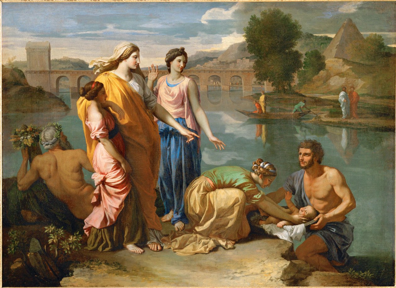 Moisés salvado de las inundaciones del Nilo por la hija del Faraón ... de Nicolas (attr.to) Poussin