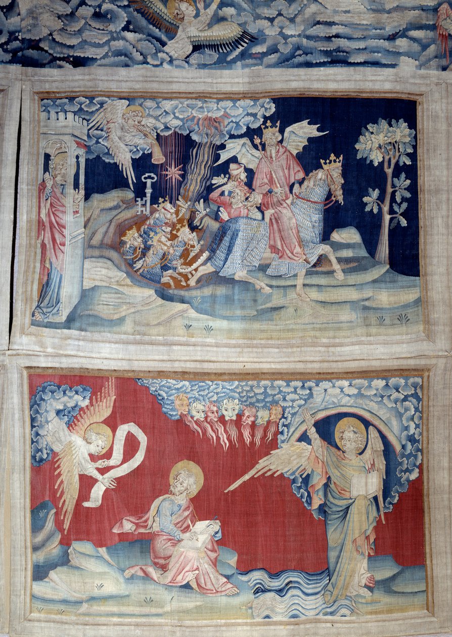 Tapiz del Apocalipsis (1373-1383), n. 24: la quinta trompeta: una llave libera a las langostas. Abajo, n. 27, el Ángel en el libro aparece a San Juan quien transcribe el mensaje divino al sonido de los siete truenos de Nicolas Bataille