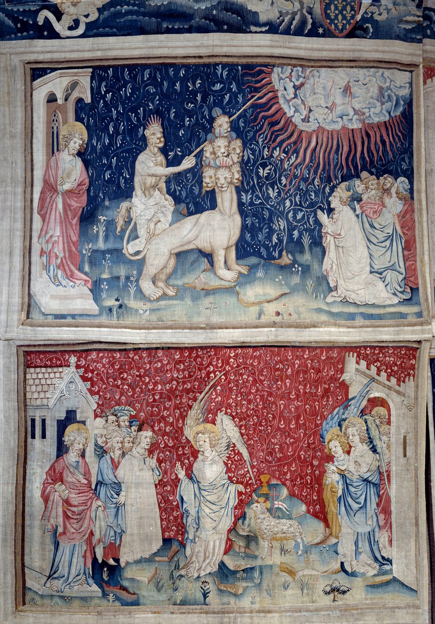Tapiz del Apocalipsis (1373-1383), n. 44: la Bestia de la tierra hace caer fuego del cielo. Abajo, n. 51, el tercer ángel y el cordero. Tapiz de Nicolas Bataille (1330-1405) de Nicolas Bataille