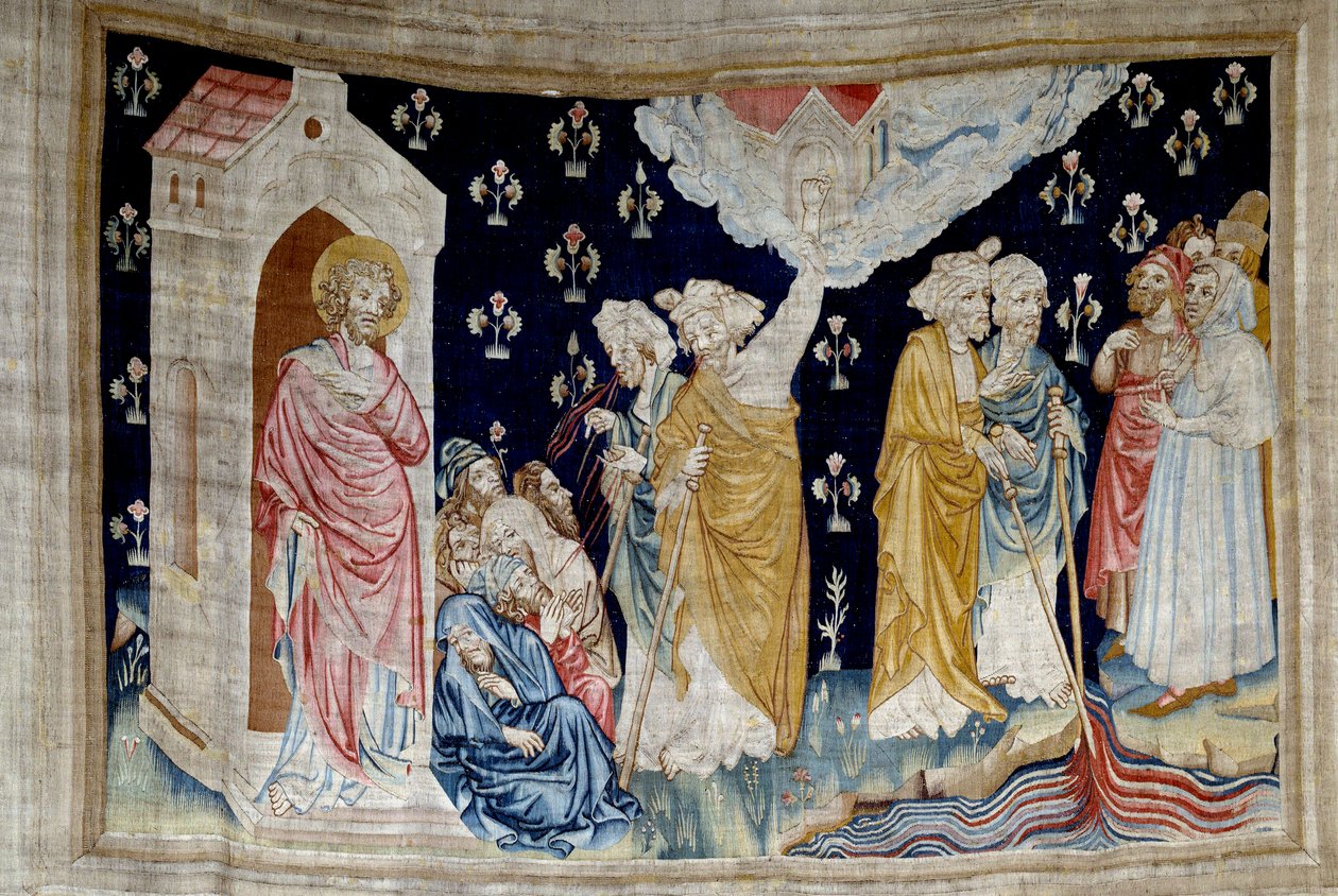 Tapiz de la Revelación (1373-1383), n. 28: el milagro. Fieles siervos de Dios y profetas miran el río convertido en sangre. Tapiz por Nicolas Bataille (1330-1405) de Nicolas Bataille