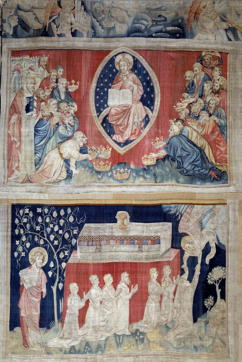 Tapiz del Apocalipsis (1373-1383), n. 5: los ancianos se postran ante Cristo en majestad (Jesucristo en gloria representado dentro de una mandorla). N. 11: las almas de los mártires de Nicolas Bataille