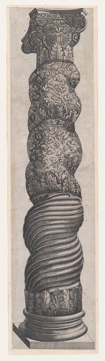 Speculum Romanae Magnificentiae: Columna Enroscada Grotesca en San Pedro, siglo XVI de Nicolas Beatrizet