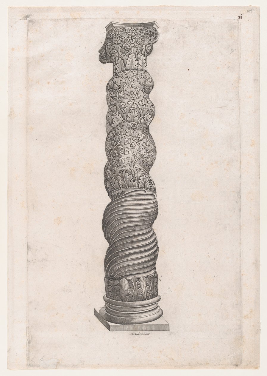 Speculum Romanae Magnificentiae: Columna grotesca en espiral en San Pedro, siglo XVI de Nicolas Beatrizet