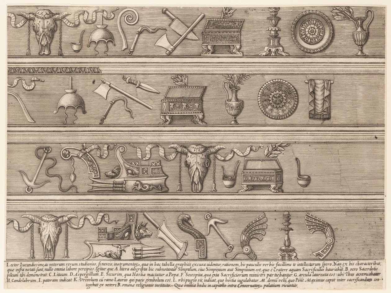 Speculum Romanae Magnificentiae: Instrumentos sacrificiales basados en relieve antiguo, ca. 1550-75 de Nicolas Beatrizet.