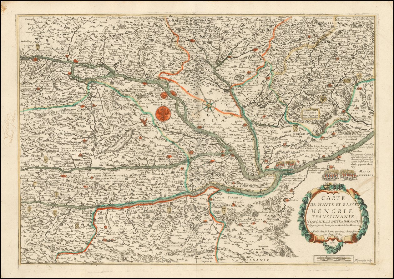 Mapa de 1663 de Alta y Baja Hungría, Transilvania, Eslovenia, Croacia y Dalmacia, publicado por Nicolas Berey de Nicolas Berey