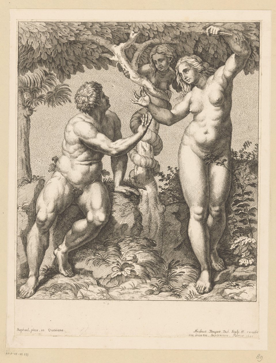 Adán y Eva tentados por la serpiente de Nicolas Bocquet
