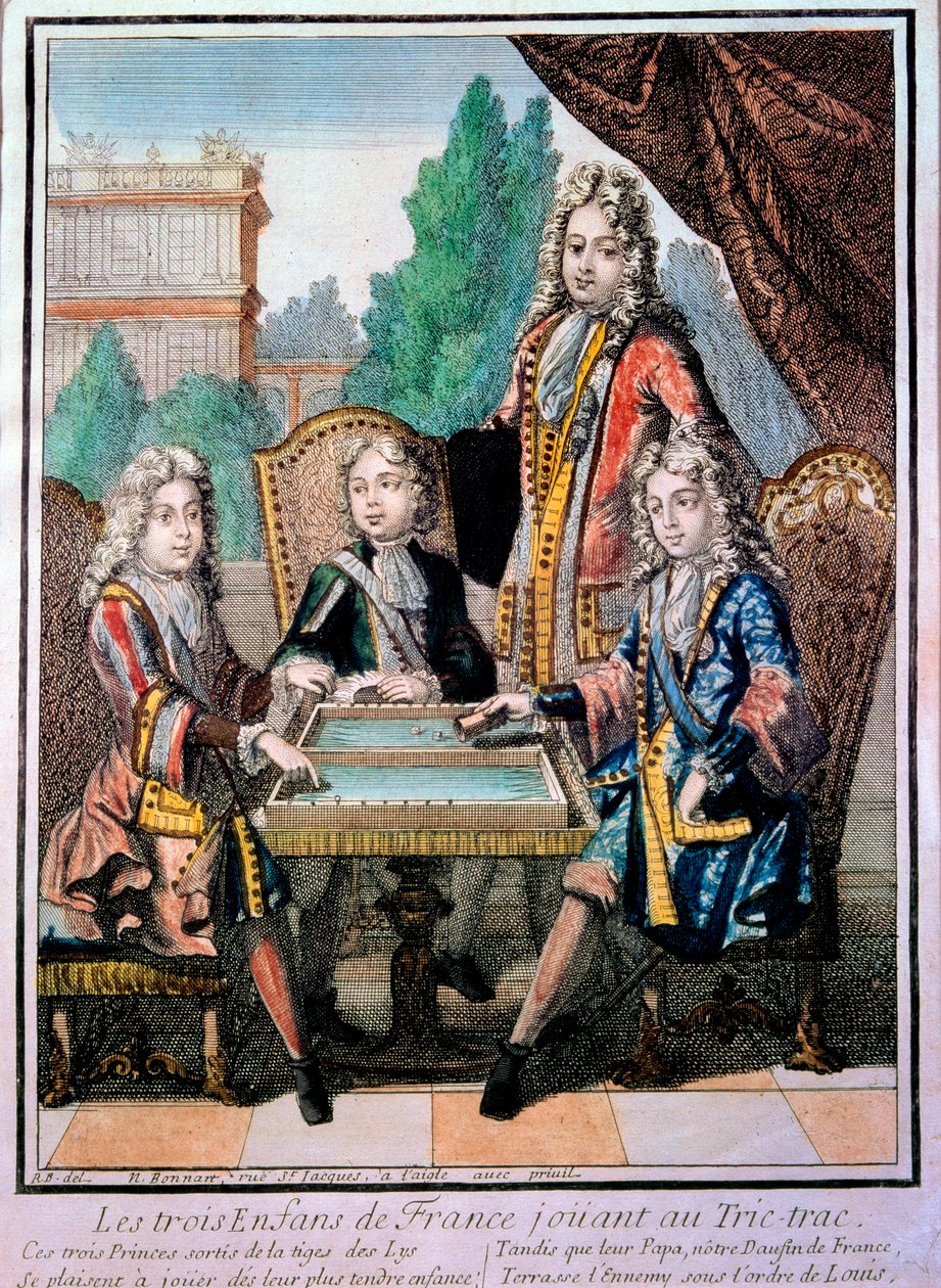 Los nietos de Luis XIV (1638-1715), Luis Duque de Borgoña (m. 1712), Felipe, Duque de Anjou (1683-1746), y Carlos, Duque de Berry con su padre, Luis (m. 1711), delfín de Francia, jugando al tric trac (Trictrac o Trictrac: ancestro del backgammon) de Nicolas Bonnart