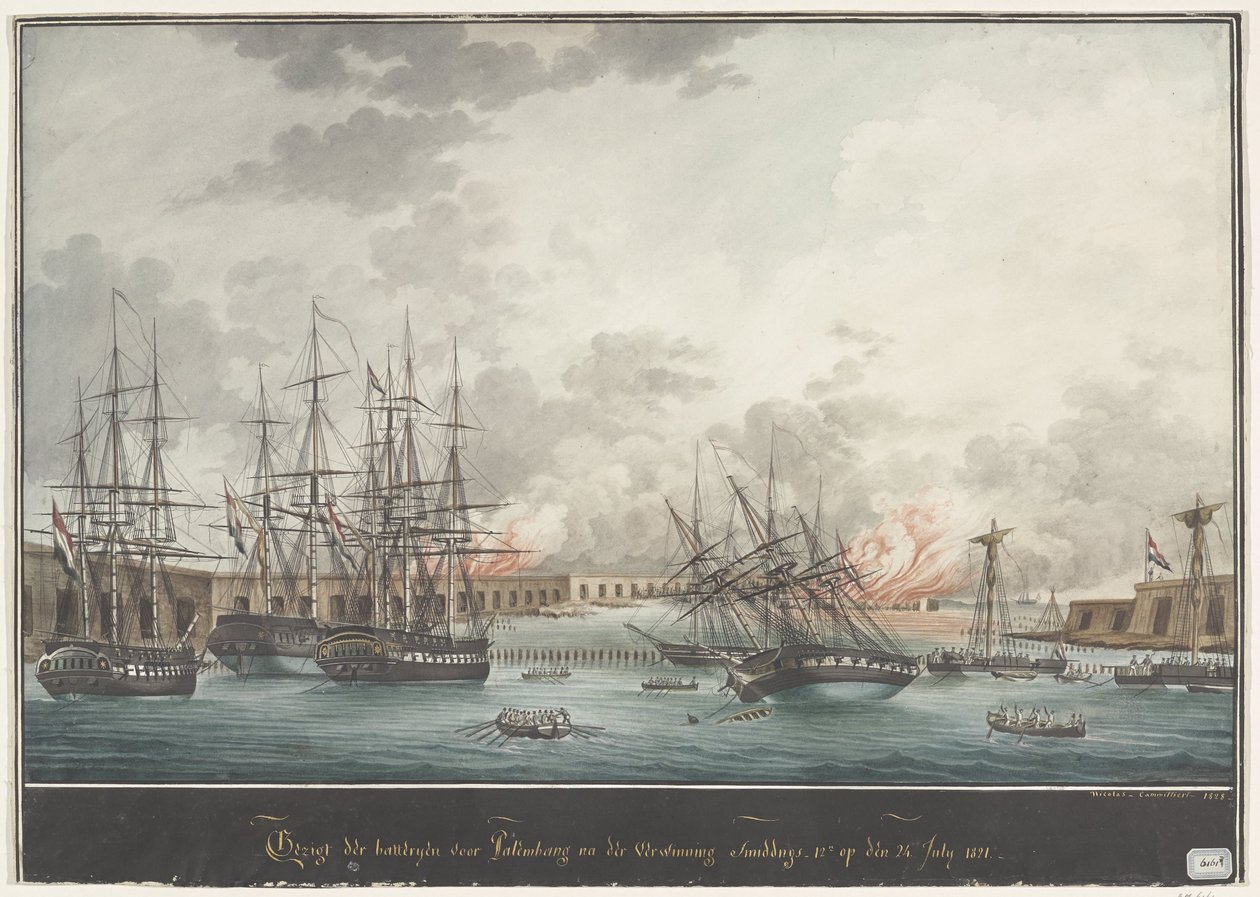 Vista de las baterías frente a Palembang después de la Victoria a las 12 horas del 24 de julio de 1821 (título en el objeto) de Nicolas Cammillieri