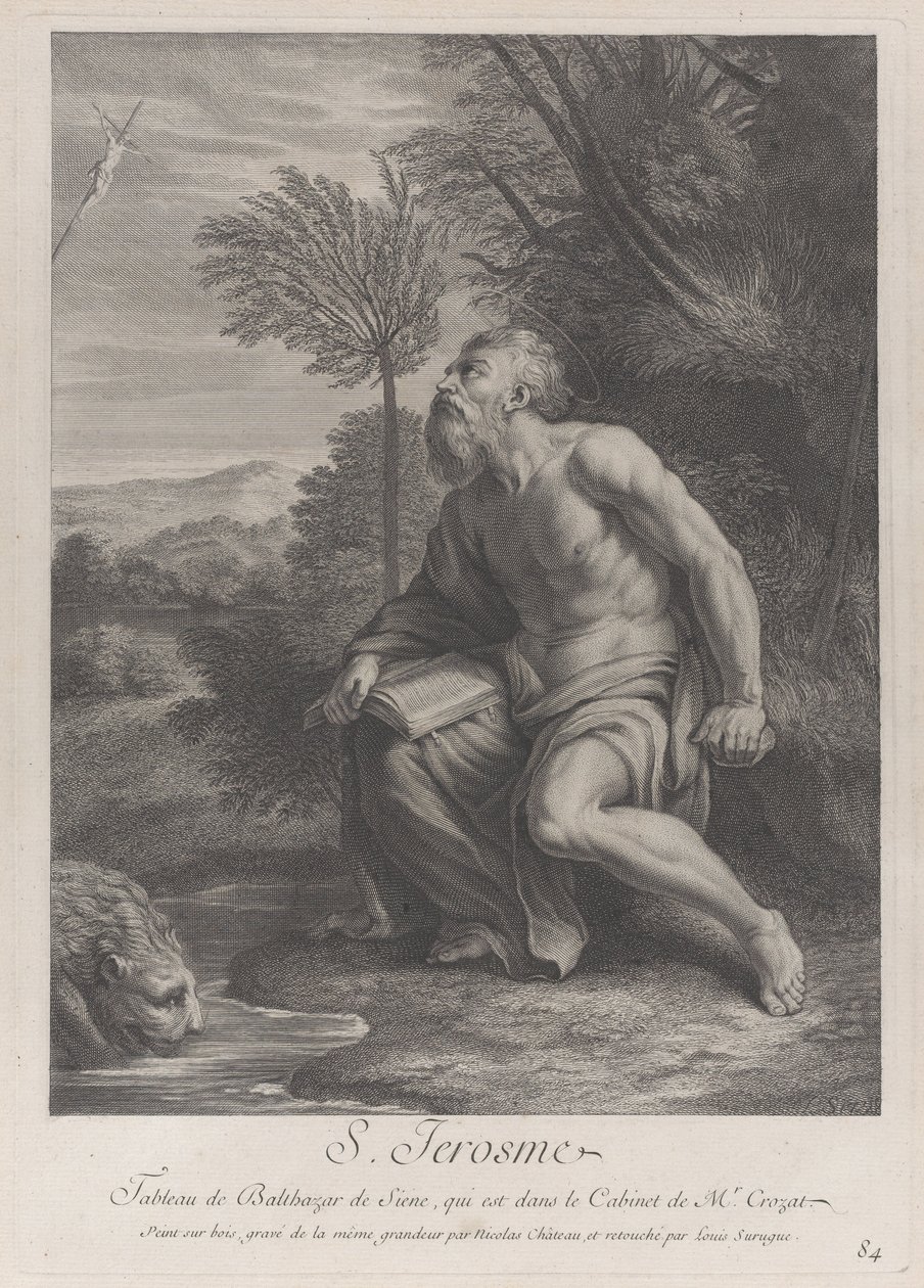 San Jerónimo sentado junto a un árbol mirando un crucifijo, un león bebiendo agua de un arroyo..., 1728 de Nicolas Chateau
