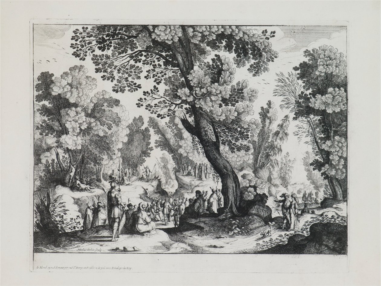 Un paisaje boscoso con el sermón de San Juan Bautista de Nicolas Cochin