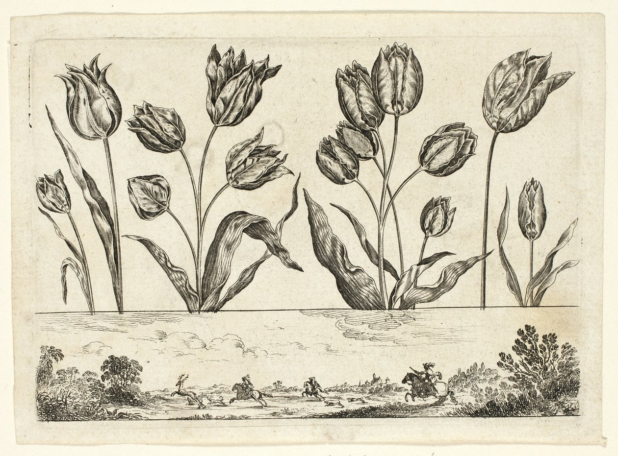 Flores y escena de caza, del Livre Nouveau de Fleurs de Nicolas Cochin