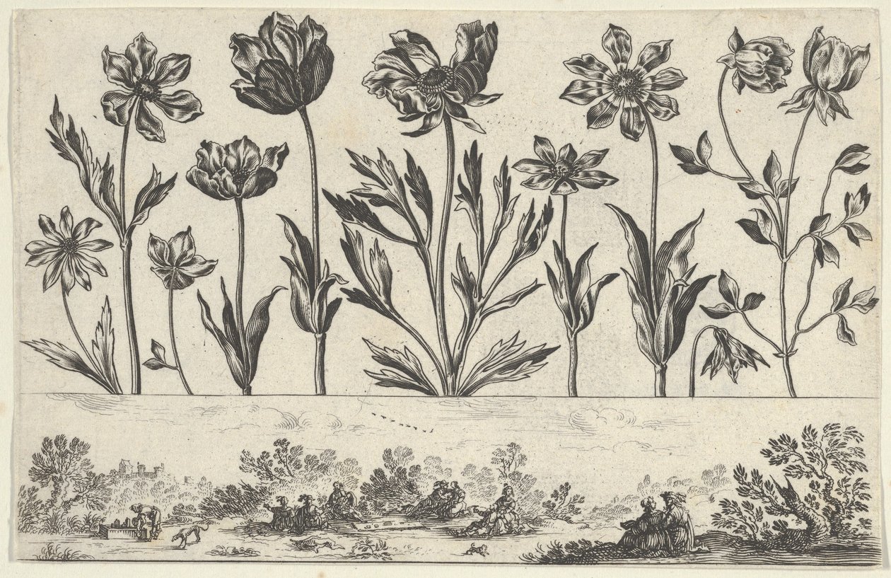 Panel Horizontal con una Fila de Flores sobre un Friso con Figuras en un Paisaje, de Li..., 1645 de Nicolas Cochin