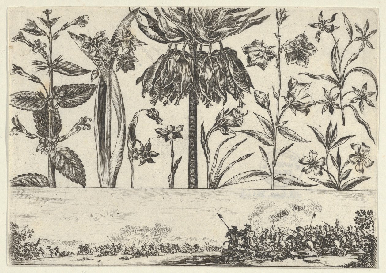 Panel Horizontal con una Fila de Flores Sobre un Friso con una Escena de Batalla en un Paisaje, 1645 de Nicolas Cochin