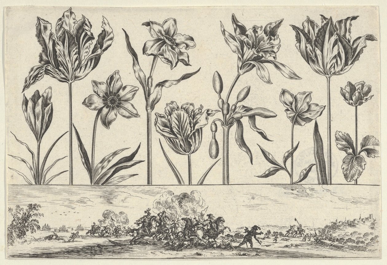 Panel horizontal con una fila de flores sobre un friso con una escena de batalla en un paisaje, 1645 de Nicolas Cochin