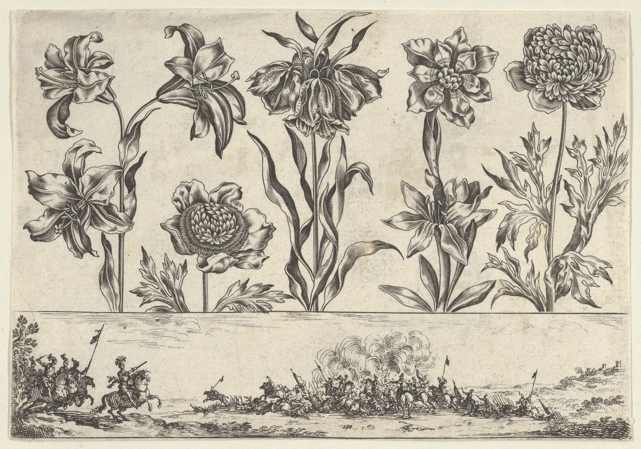 Panel horizontal con una fila de flores sobre un friso con una escena de batalla en un paisaje de Nicolas Cochin