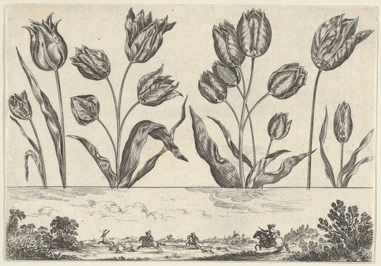 Panel horizontal con una fila de flores sobre un friso con una escena de caza en un paisaje, 1645 de Nicolas Cochin
