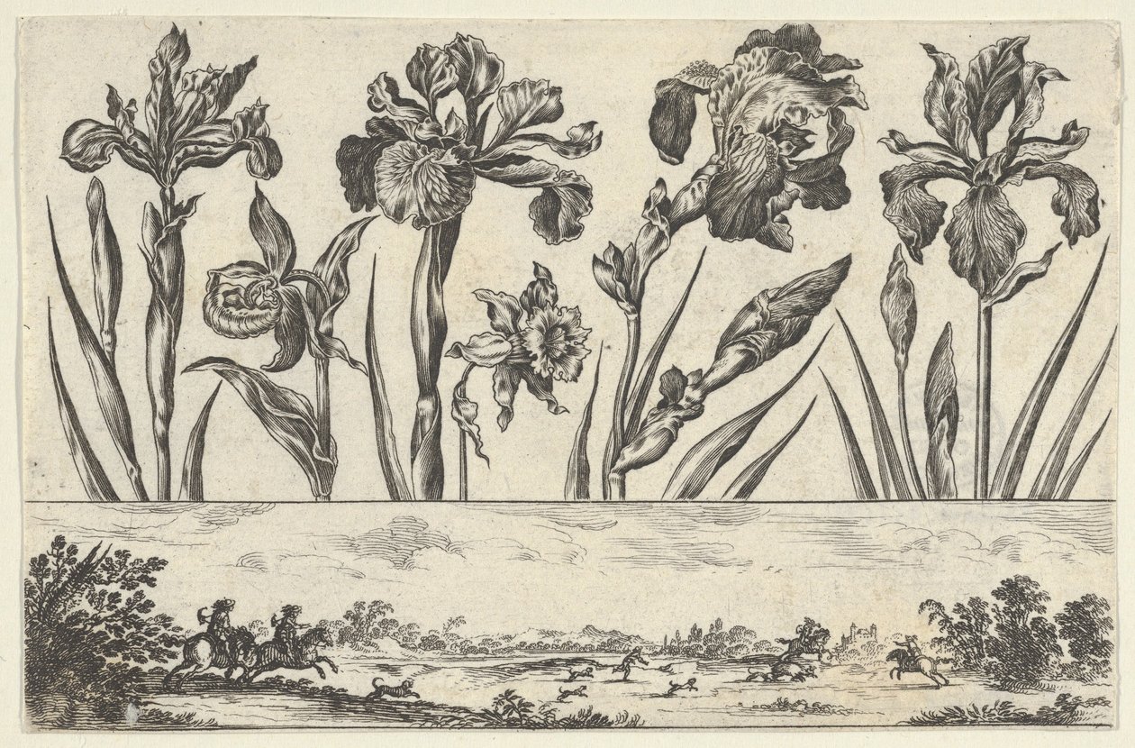Panel Horizontal con una Fila de Flores Sobre un Friso con una Escena de Caza en un Paisaje, 1645 de Nicolas Cochin