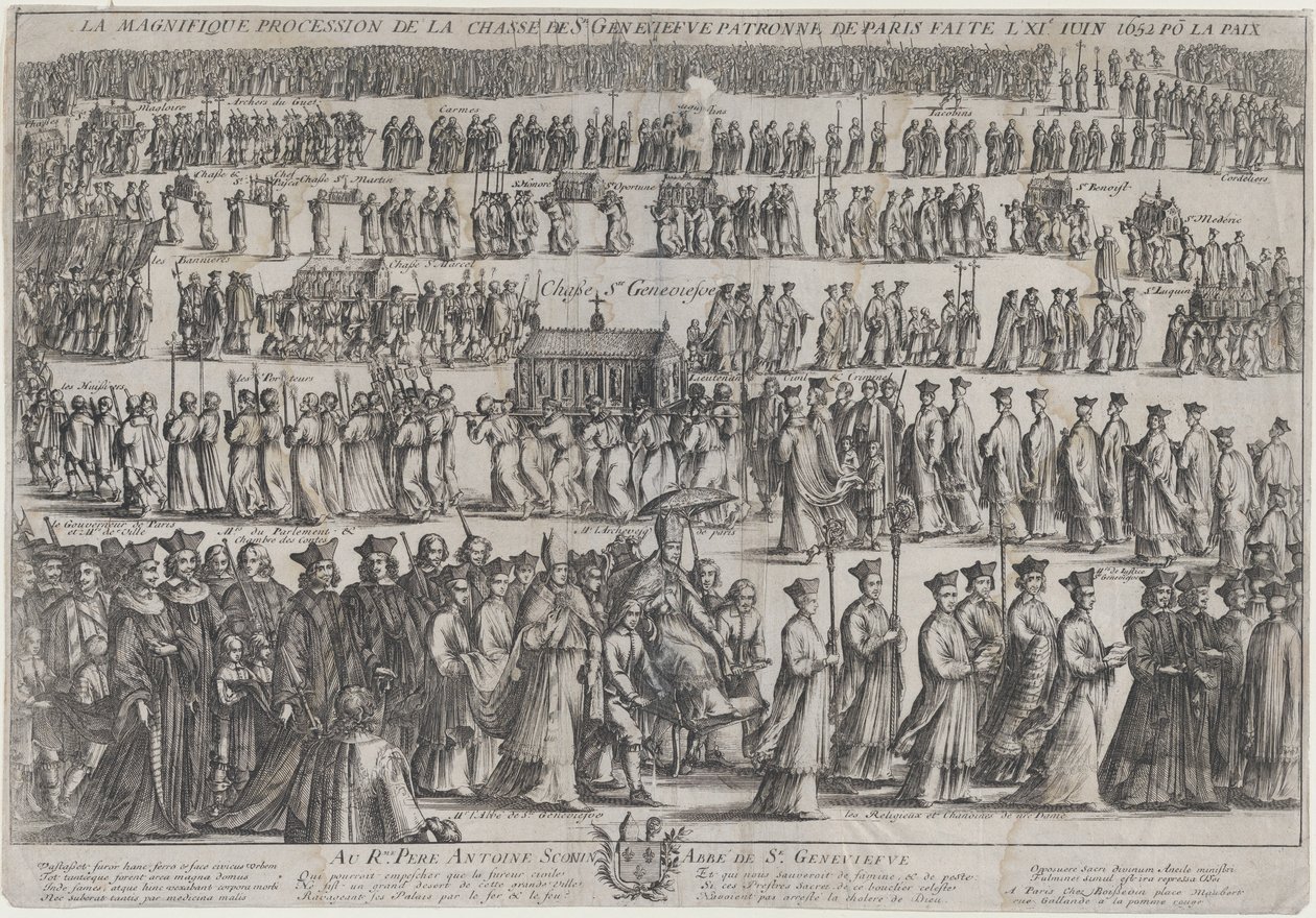 La procesión del féretro de Santa Genoveva, con clérigos y laicos marchando en seis filas, 1652 de Nicolas Cochin