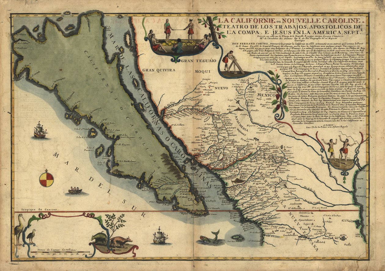 La Californie ou Nouvelle Caroline - teatro de los trabajos, Apostolicos de la Compa. e Jesus en la America Septe. LOC 96686640 de Nicolas de Fer