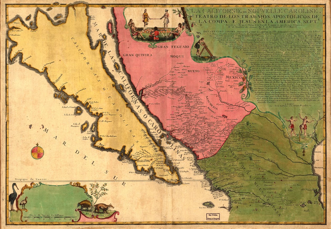 La Californie ou Nouvelle Caroline - teatro de los trabajos, Apostolicos de la Compa. e Jesus en la America Septe. LOC 98687119 de Nicolas de Fer