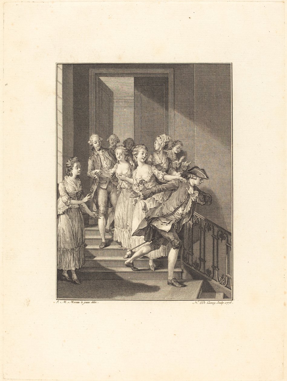 Saint-Preux sale de casa de mujeres del mundo de Nicolas Delaunay after Jean Michel Moreau