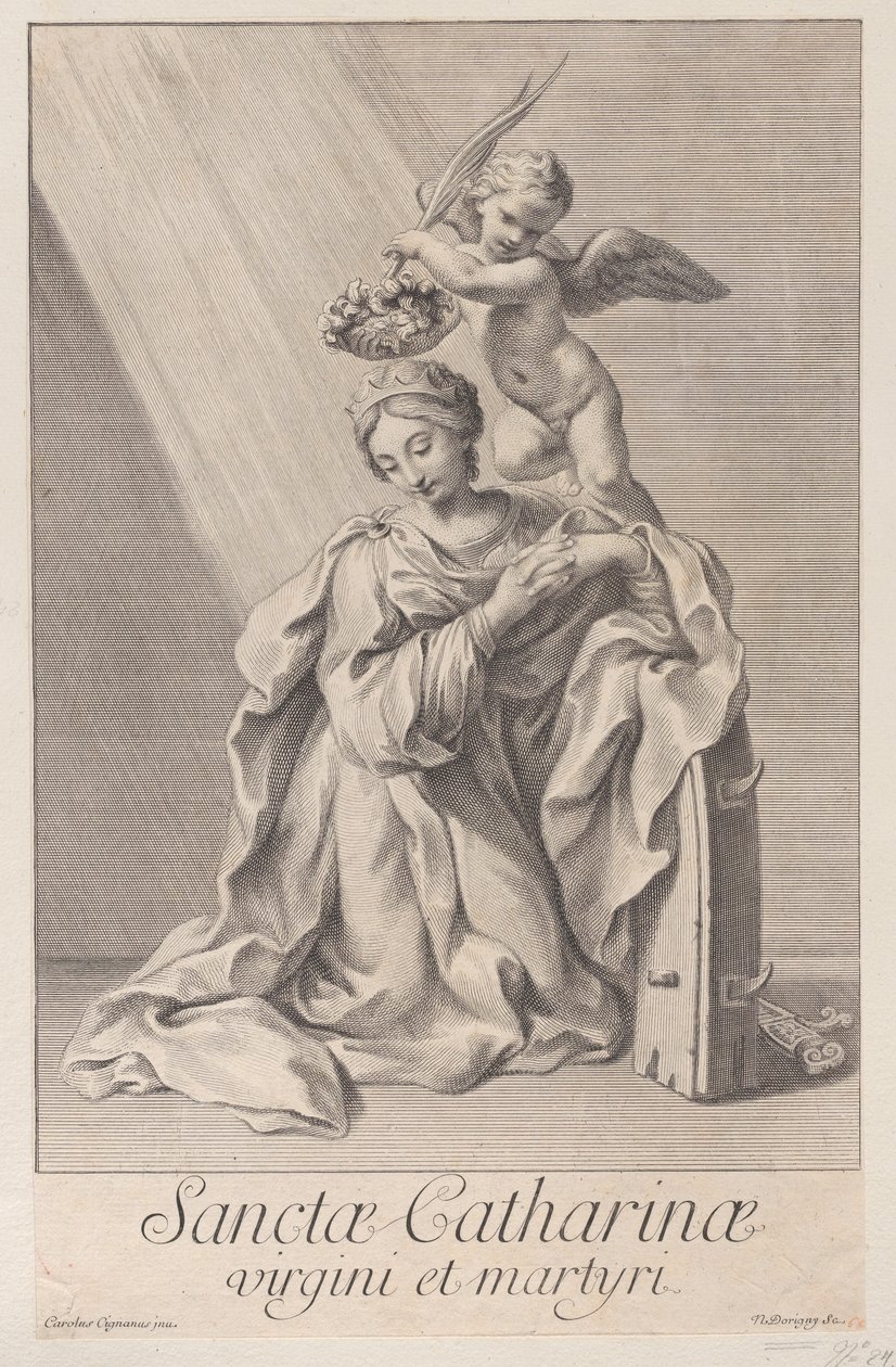 Santa Catalina de Alejandría, arrodillada con el codo apoyado en la rueda con púas, 1698 de Nicolas Dorigny