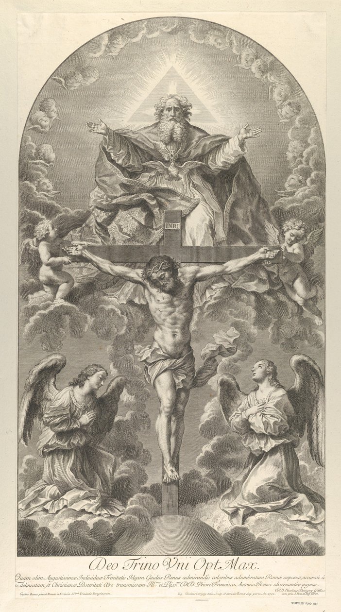 La Santísima Trinidad, Cristo en la cruz flanqueado por dos ángeles, el Espíritu Santo como paloma, 1702 de Nicolas Dorigny