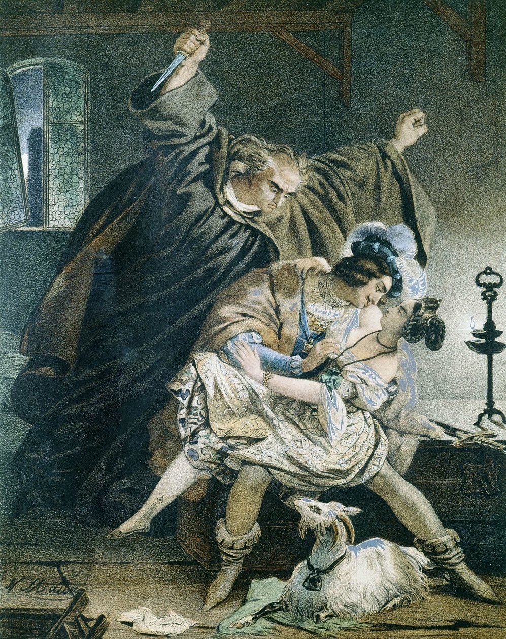 Esmeralda, Phoebus y Claude Frollo (Notre Dame de París) por Victor Hugo. Ilustración de Nicolas Eustache Maurin 1799-1850 Colección privada. de Nicolas Eustache Maurin