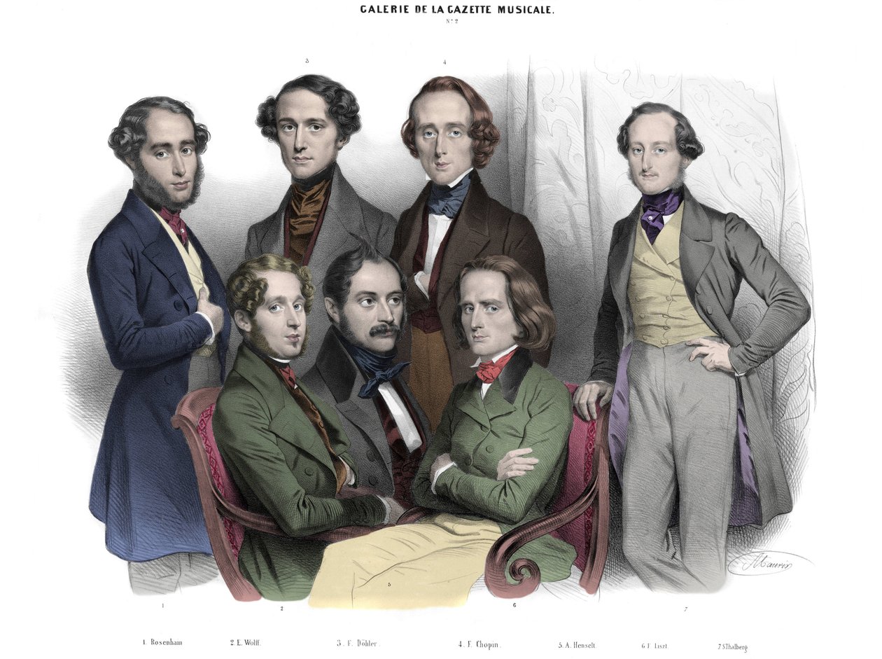 Galería de la Gazette musicale N. 2. Célebres de 1842: Frédéric Chopin (1810-1849) Franz Liszt (1811-1886), Jacob (Jakob, Jacques) Rosenhain, Édouard Wolff, Sigismund Thalberg, Adolf von Henselt, Theodor (Theodore) Döhler (1814-1856). Grabado de Nicolas de Nicolas Eustache Maurin