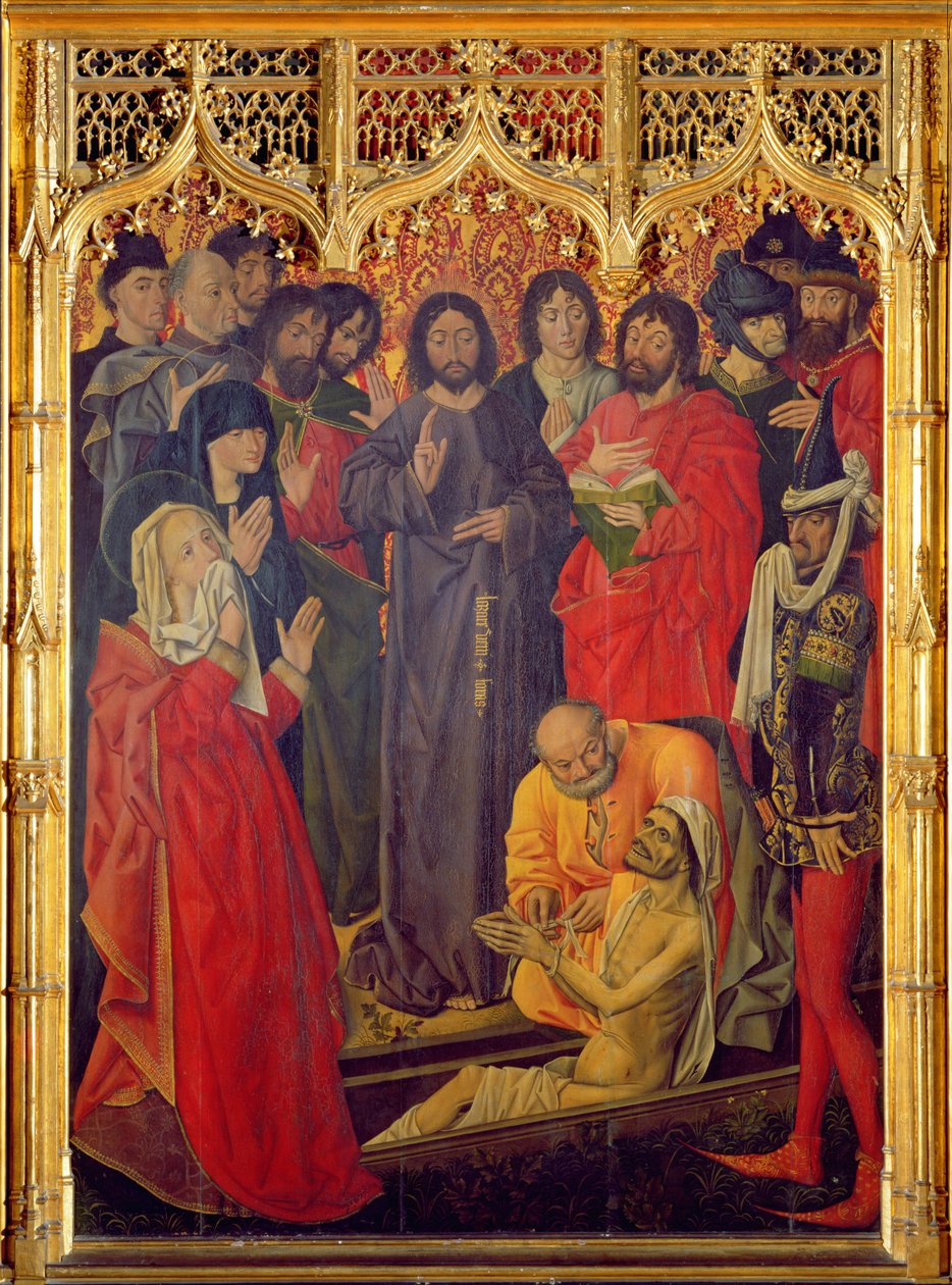 La Resurrección de Lázaro Tríptico, panel central de Lázaro resucitando de su ataúd, 1461 de Nicolas Froment