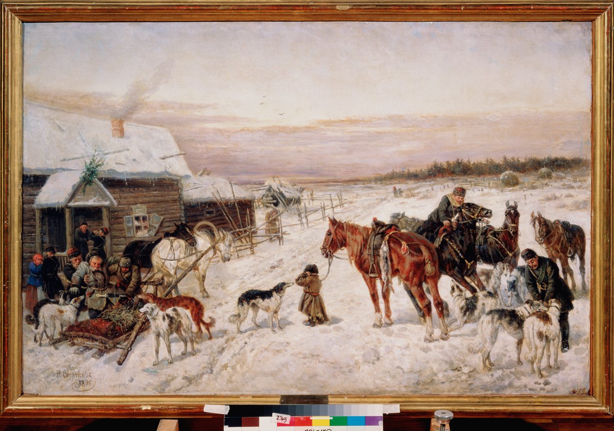 Devant une taverne en hiver (Antes de un pub en invierno) - Pintura de Nikolai Yegorovich Sverchkov (Nicolas Swertschkoff) (1817-1898), huile sur toile de Nicolas Gregorovitch Svertschkoff