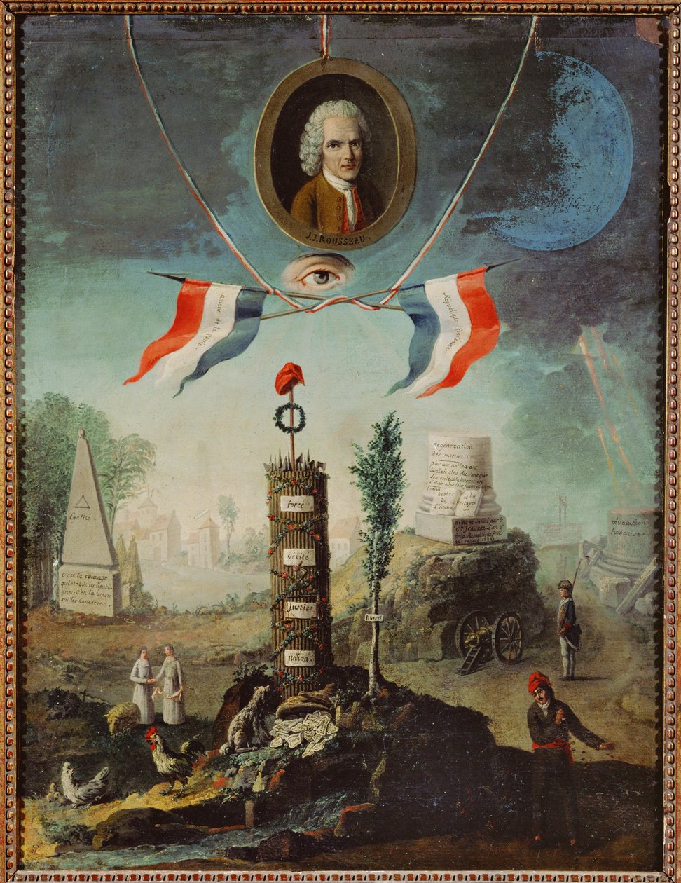 Alegoría de la Revolución Francesa con un retrato de Jean-Jacques Rousseau y un gorro jacobino frigio ... de Nicolas Henri Jeaurat de Bertry