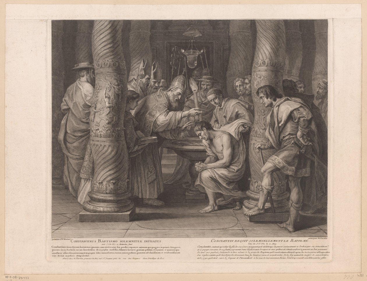 Bautismo del emperador Constantino por el Papa Silvestre I Constantinus bautizo solemniter initiatus / Constantin reçoit solemnelllement le baptème (título sobre el objeto) Historia del emperador Constantino el Grande (título de la serie) de Nicolas Henri Tardieu