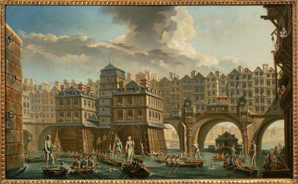 París, justa de barqueros entre el Pont Notre-Dame y el Pont au Change de Nicolas and Jean Baptiste Raguenet