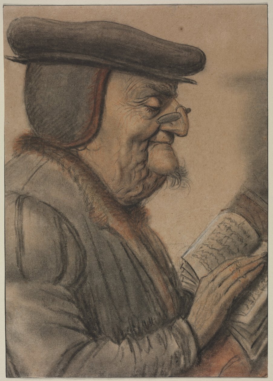 Anciano leyendo un libro, primera mitad del siglo XVII (tiza y tinta negra) de Nicolas Lagneau or Lanneau