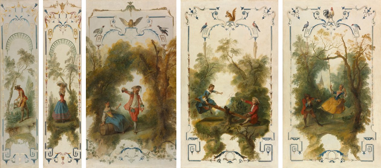 Paneles de pared: El jardinero, Horticultura, El viñedo, El balancín, El columpio de Nicolas Lancret