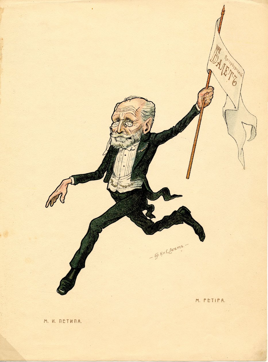 Retrato de Marius Petipa (1818-1910) bailarín y coreógrafo francés - Litografía de Nikolai Gustavovich Legat (1869-1937), extraído de Ballet russe en caricatures de Nicolas Legat