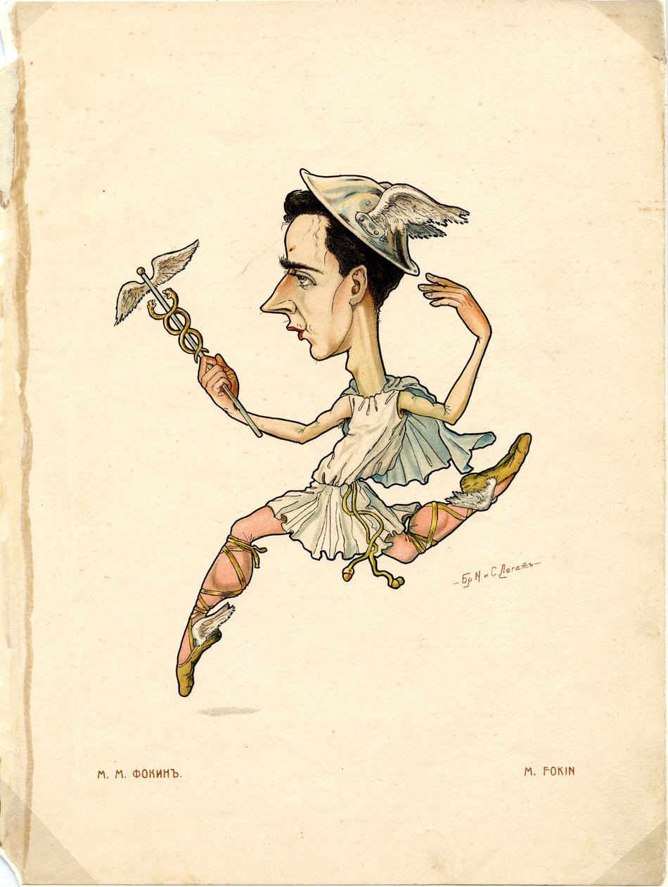 Retrato de Mikhail (Michel) Fokine (1880-1942) bailarín y coreógrafo ruso - Litografía de Nikolai Gustavovich Legat (1869-1937), extraído de Ballet russe en caricatures de Nicolas Legat
