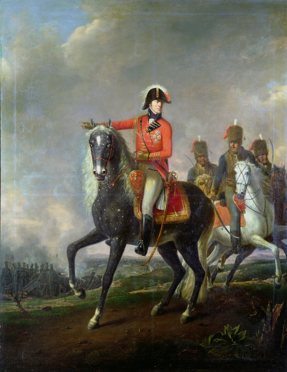 Retrato ecuestre del Duque de Wellington con Húsares Británicos en un campo de batalla, 1814 de Nicolas Louis Albert Delerive