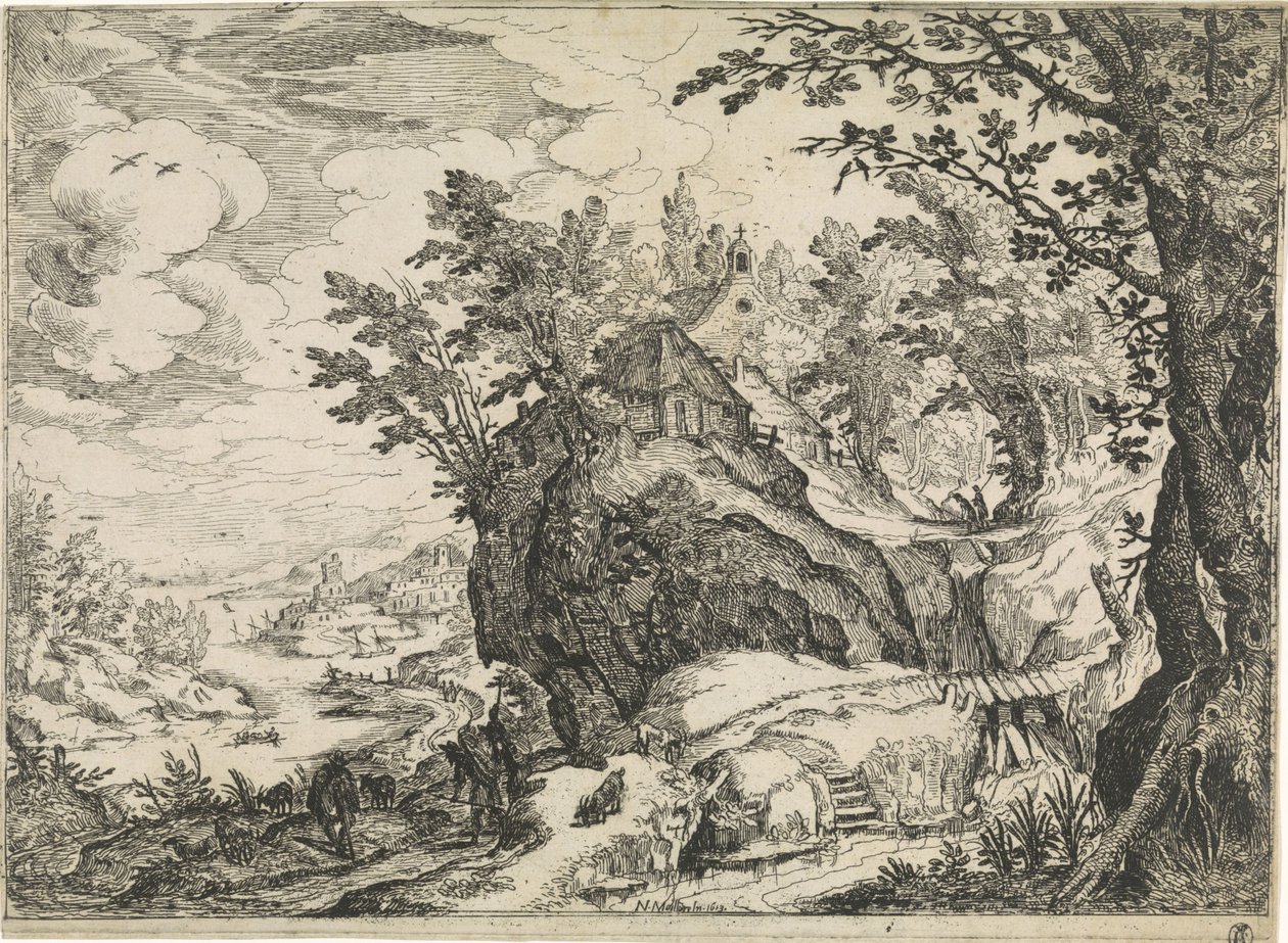 Paisaje de montaña con una iglesia. Paisajes de montaña (título de la serie) de Nicolas Moillon