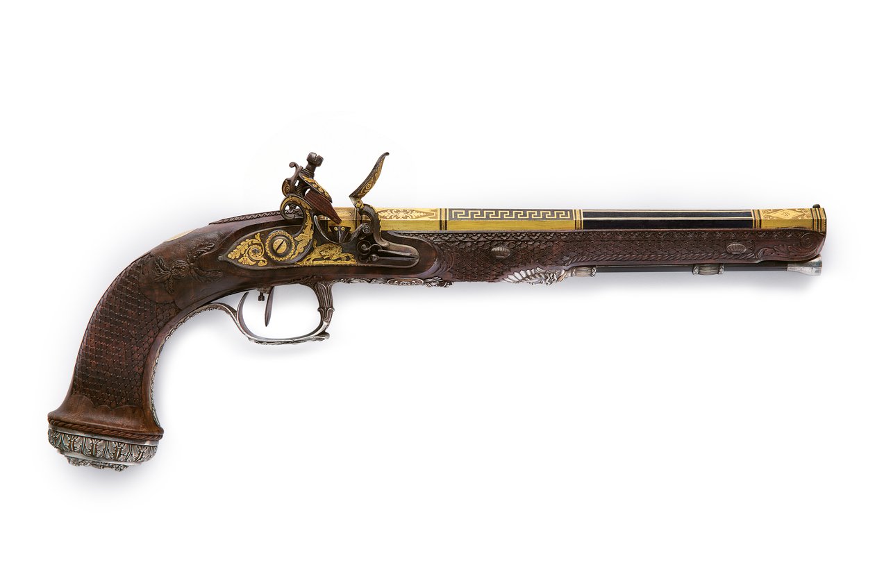 Uno de un par de pistolas de chispa con rifle y montura de plata, Versalles, 1825 de Nicolas Noel Boutet