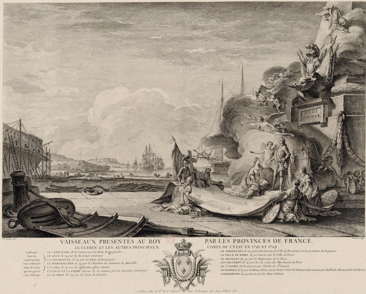 Grabado alegórico del regalo de barcos hacia 1762 de Nicolas Ozanne