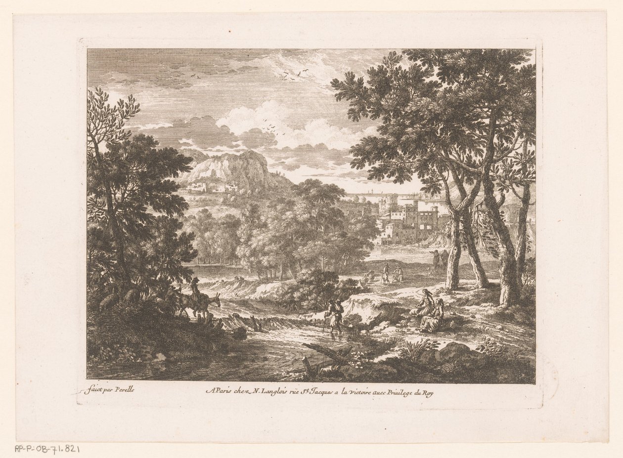 Paisaje de montaña con figuras junto al río. de Nicolas Perelle