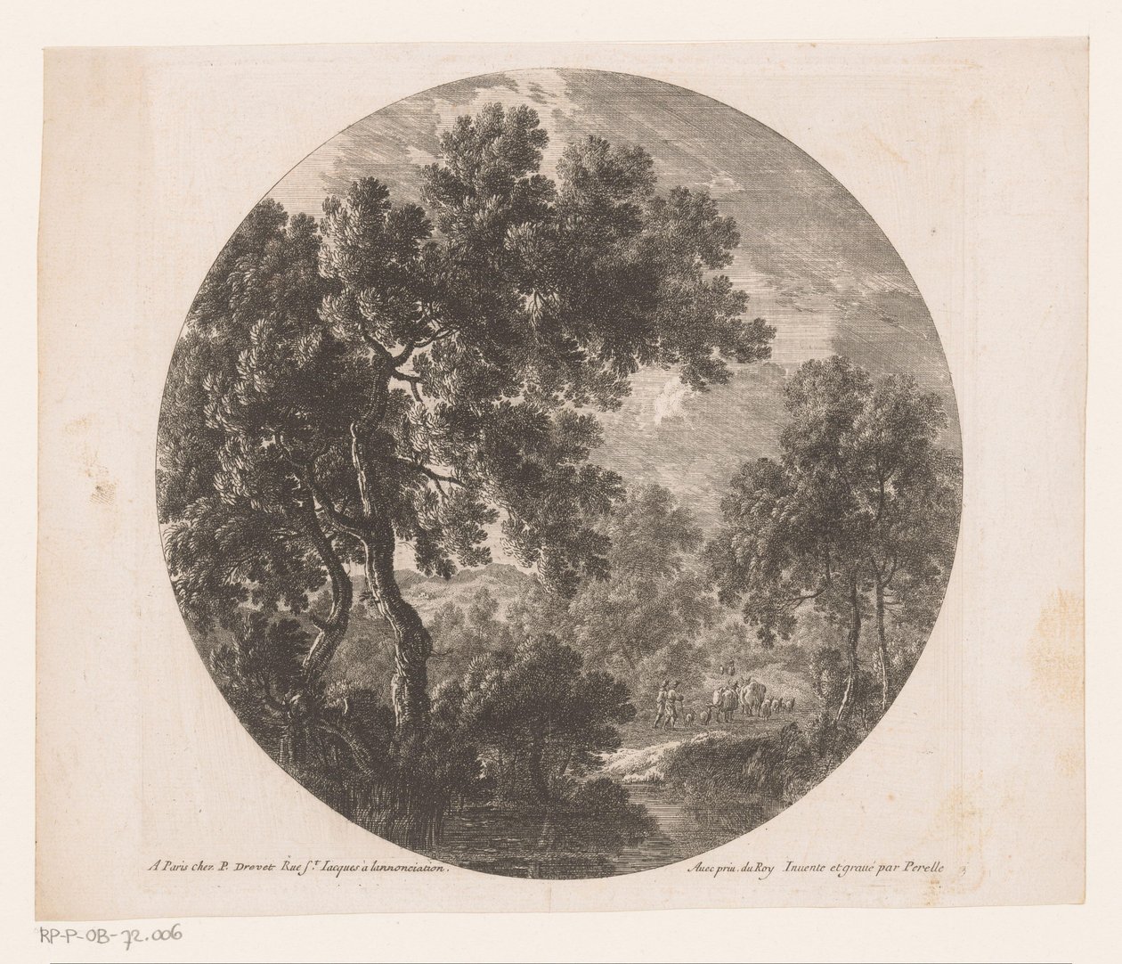 Paisaje forestal con dos hombres detrás de la manada. de Nicolas Perelle