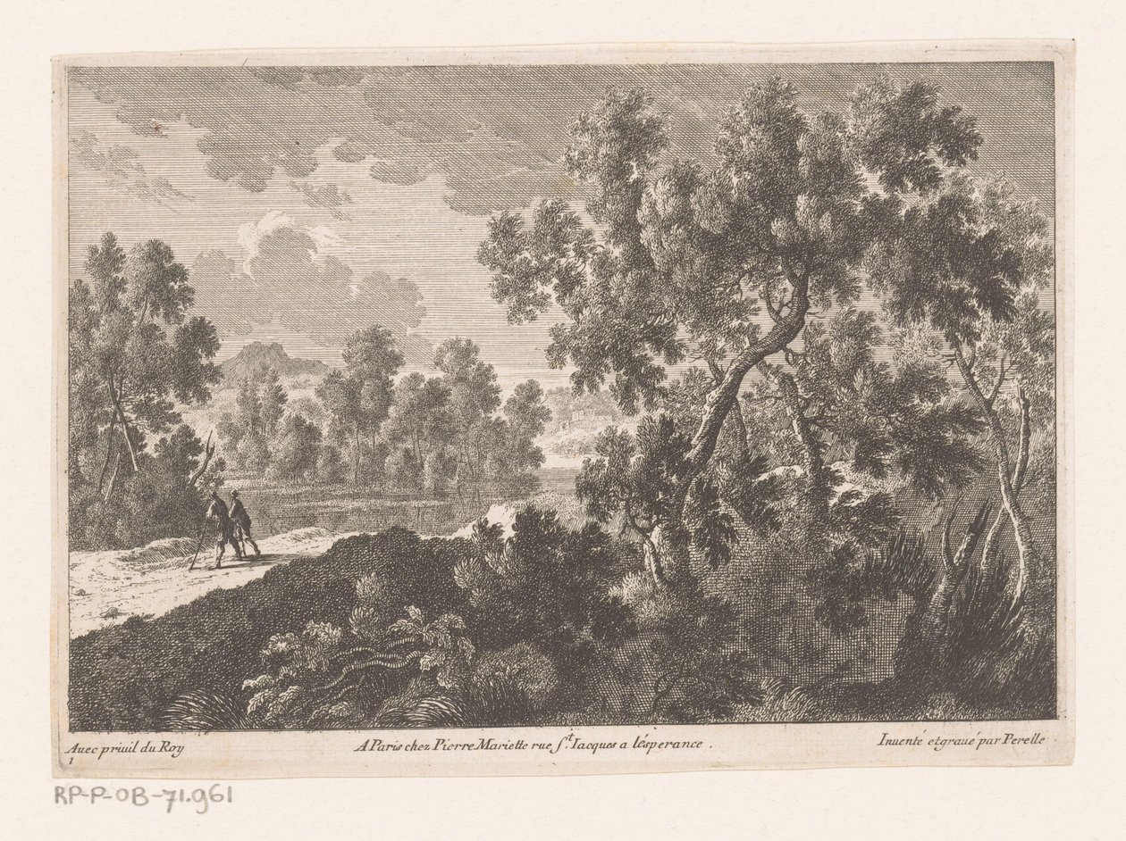 Paisaje forestal con caminantes cerca del agua. Paisajes forestales (título de la serie) de Nicolas Perelle