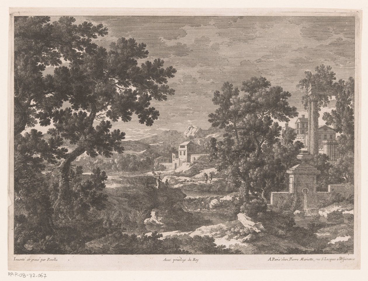 Paisaje con una antigua fuente junto al río. de Nicolas Perelle