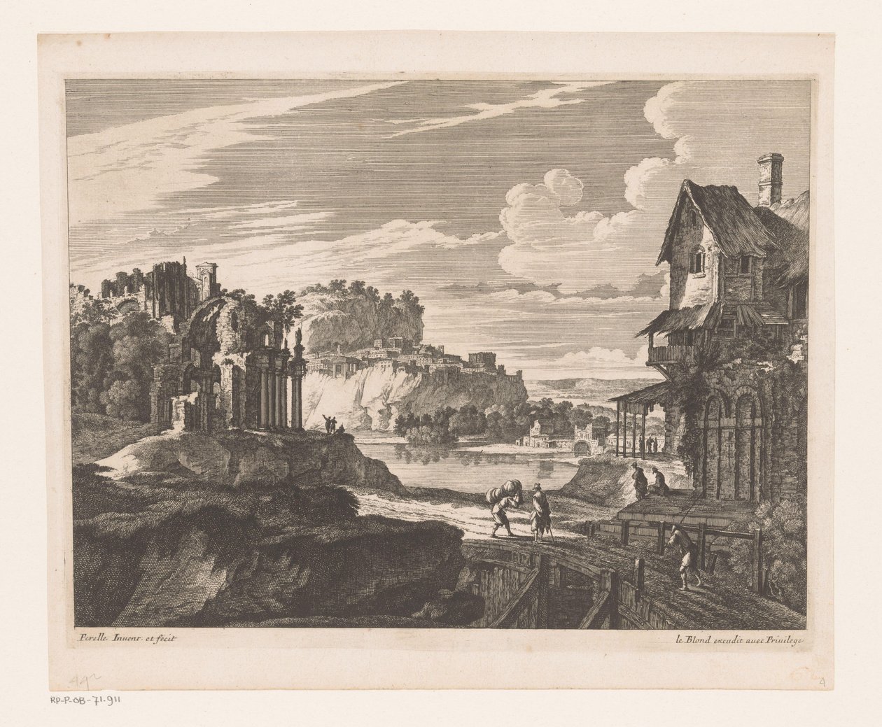 Paisaje con casas y ruinas a lo largo del río. de Nicolas Perelle