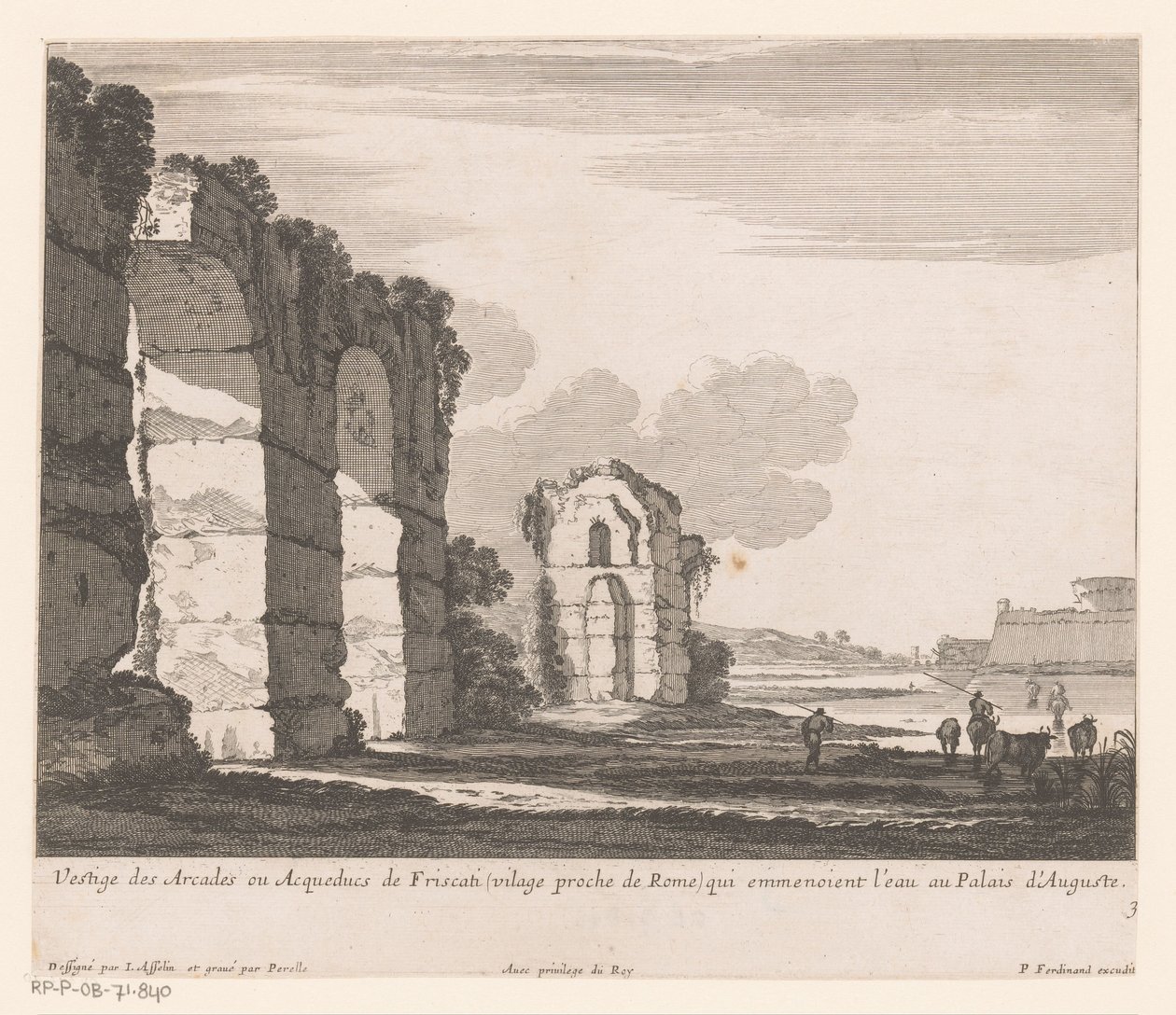 Paisaje con ruinas y pastores de vacas. Vestige des Arcades ou Aqueducs de Friscati (...) (título sobre el objeto) de Nicolas Perelle